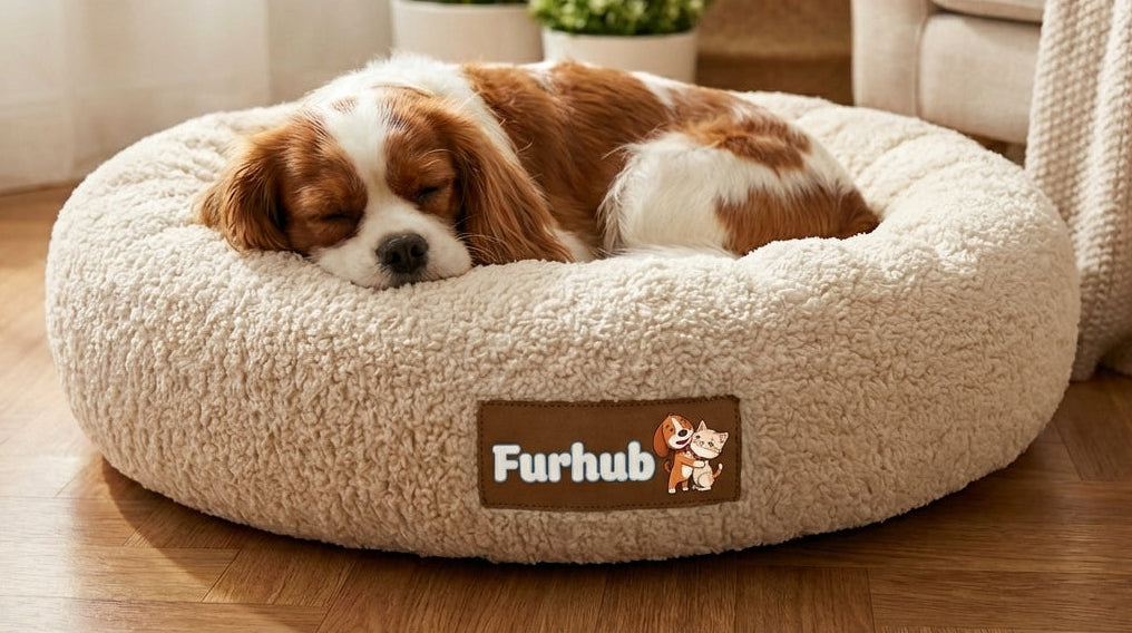 Dog lying on a Furhub pet bed in a cozy living room.